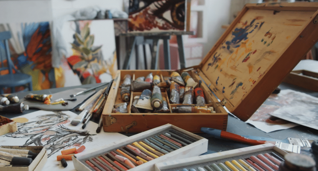 An artist’s workspace with open paint boxes, pastel sticks, and brushes scattered across a table covered in sketches.